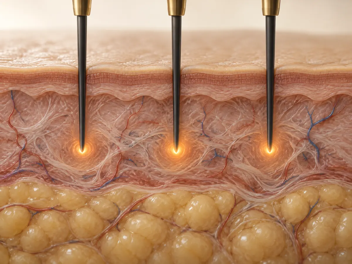 Energy only at the last 0.3 mm. The skin above is spared.