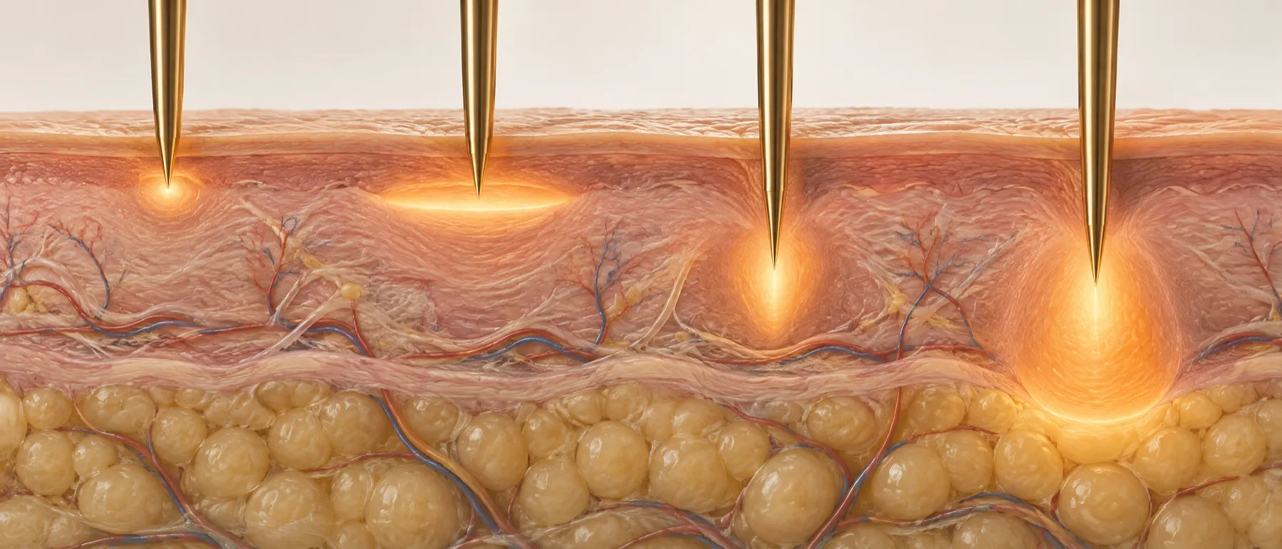 Cross-section of the skin with four needles, each heating at a different depth